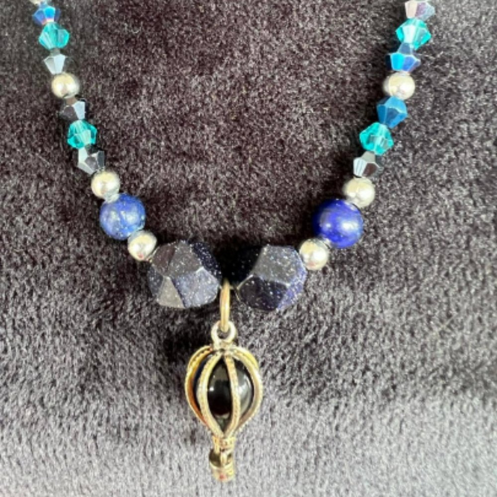 Beautiful Beaded Blue Glass and Metal Necklace With 925 Hot Air Balloon Pendant